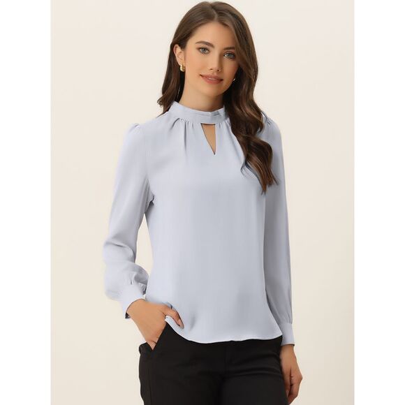 Workwear Tops Shirt Stand Collar Long Sleeve Blouses Grey White - Picture 2 of 5